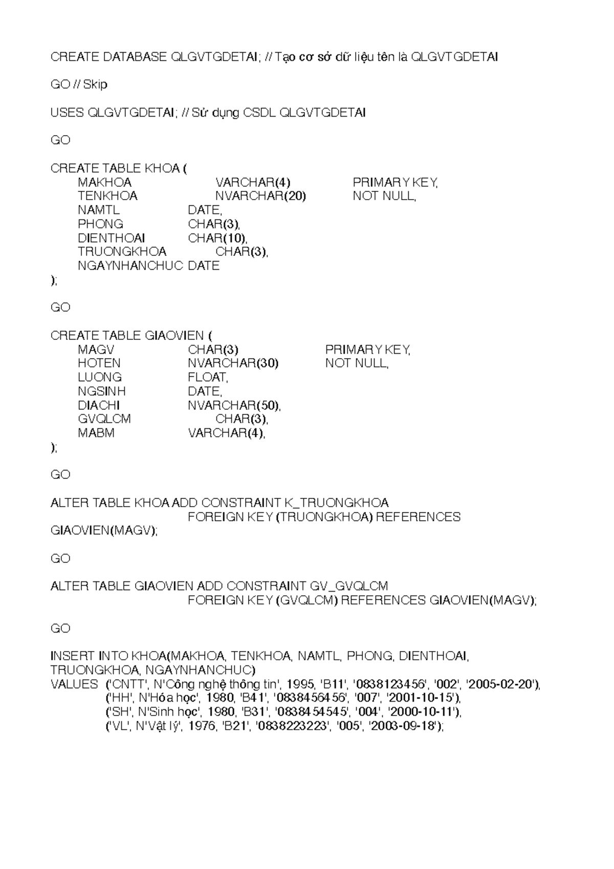 SQL Script for Database Creation QLGVTGDETAI - Studocu