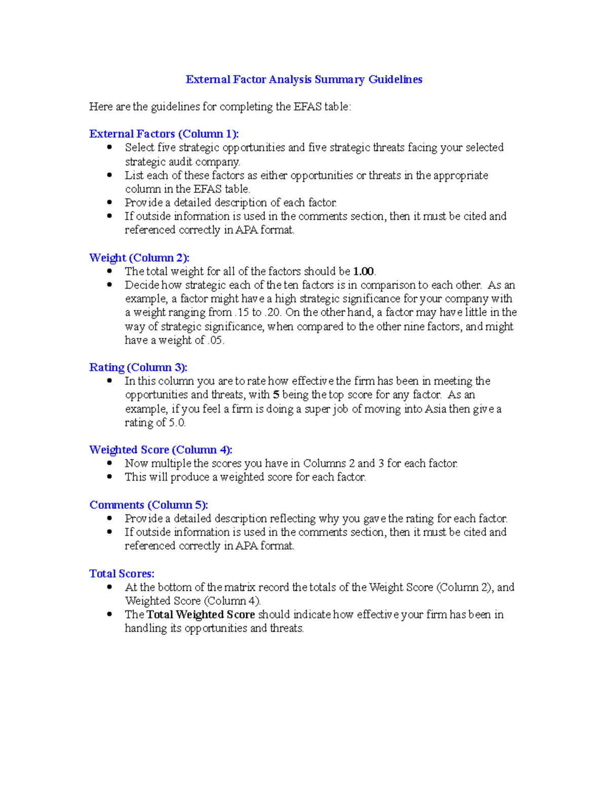 EFAS Guidelines for Strategic Opportunities & Threats Analysis - Studocu