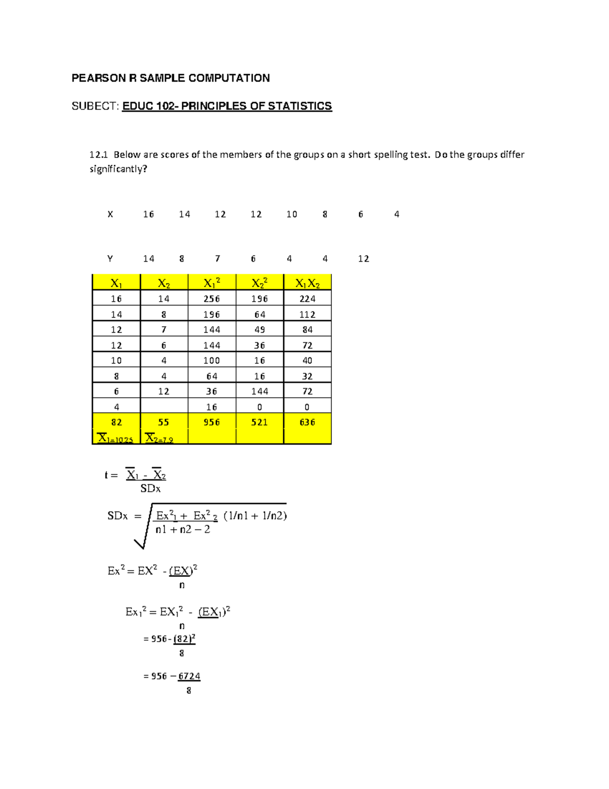 Pearson R Calculation and Statistical Analysis in EDUC 102 - Studocu