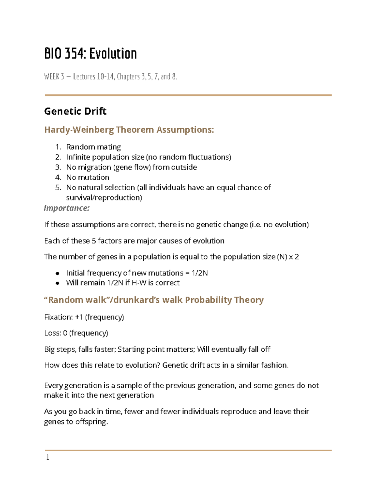 BIO 354: Week 3 Lecture Notes on Genetic Drift and Evolution - Studocu