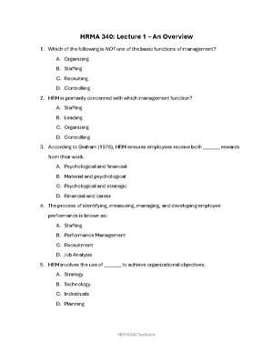 HRMA 340 - Lecture 3: Strategic Planning & HRM Metrics Test Bank - Studocu