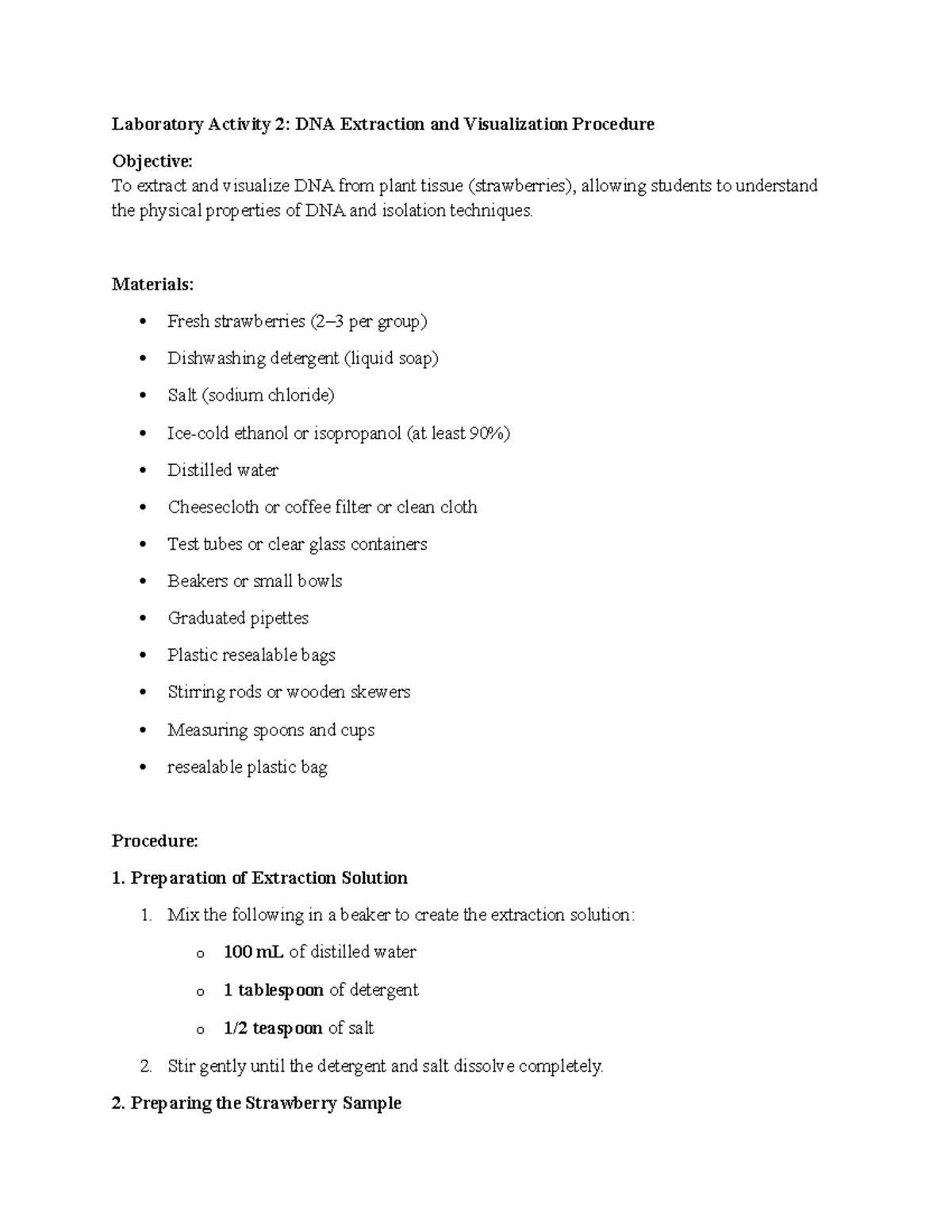 DNA Extraction Lab Exercise: Procedure and Outcomes Summary - Studocu