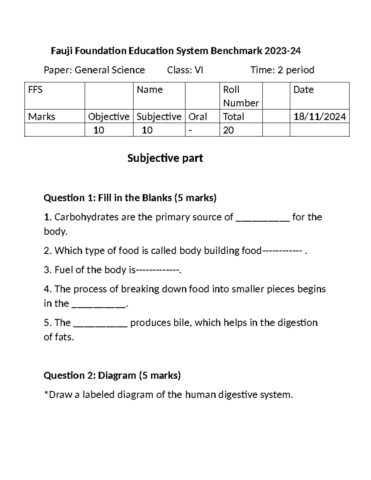 FFS General Science Class VI Benchmark Paper: Digestive System - Studocu