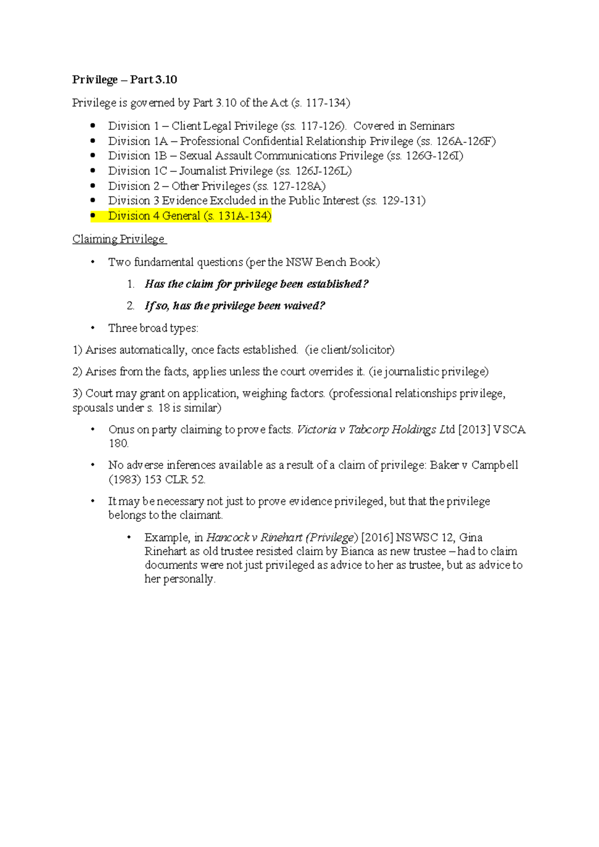 Privilege - Exam Response Structure for Part 3 - Legal Studies - Studocu
