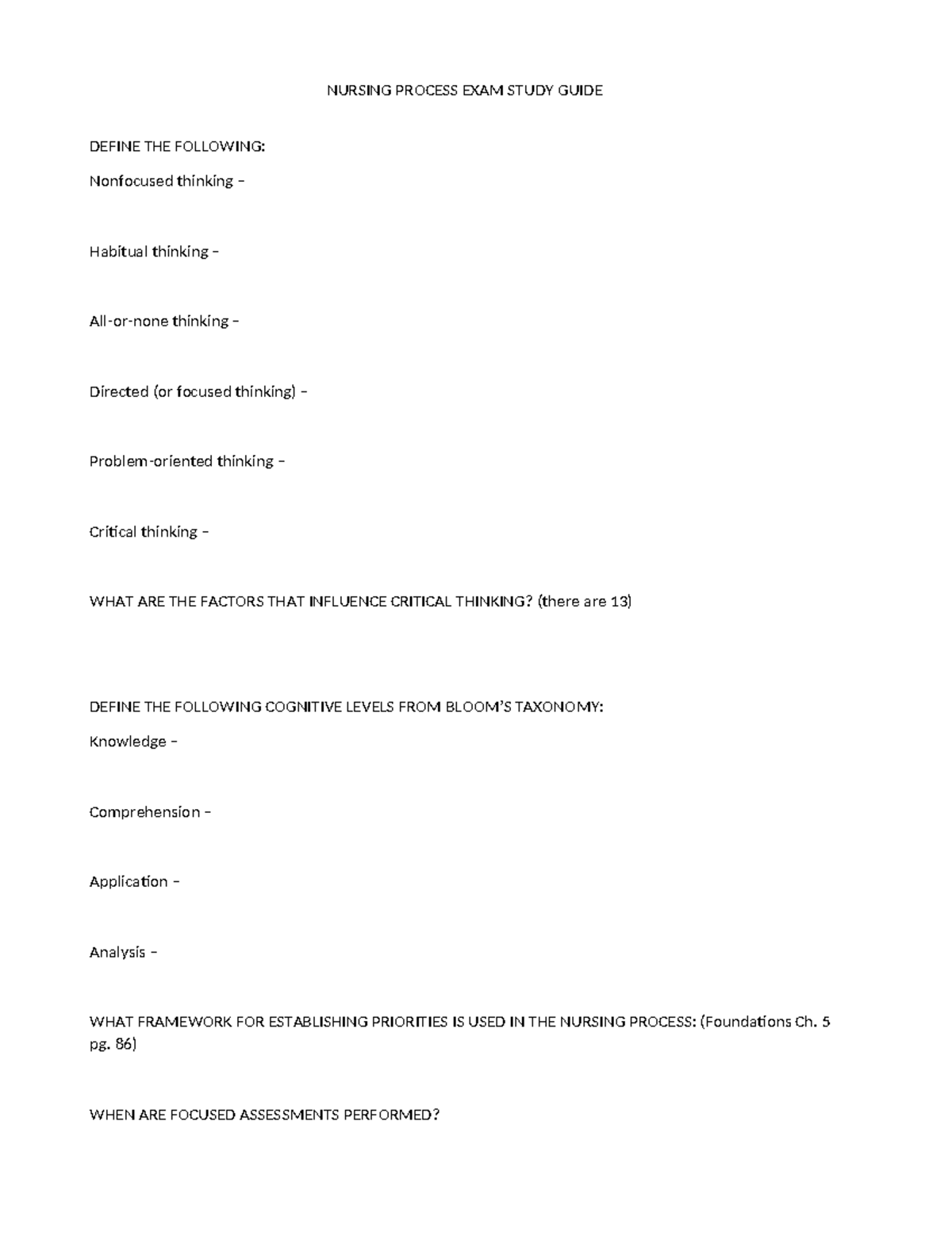 NURS 101: Nursing Process Exam Study Guide & Critical Thinking Concepts ...