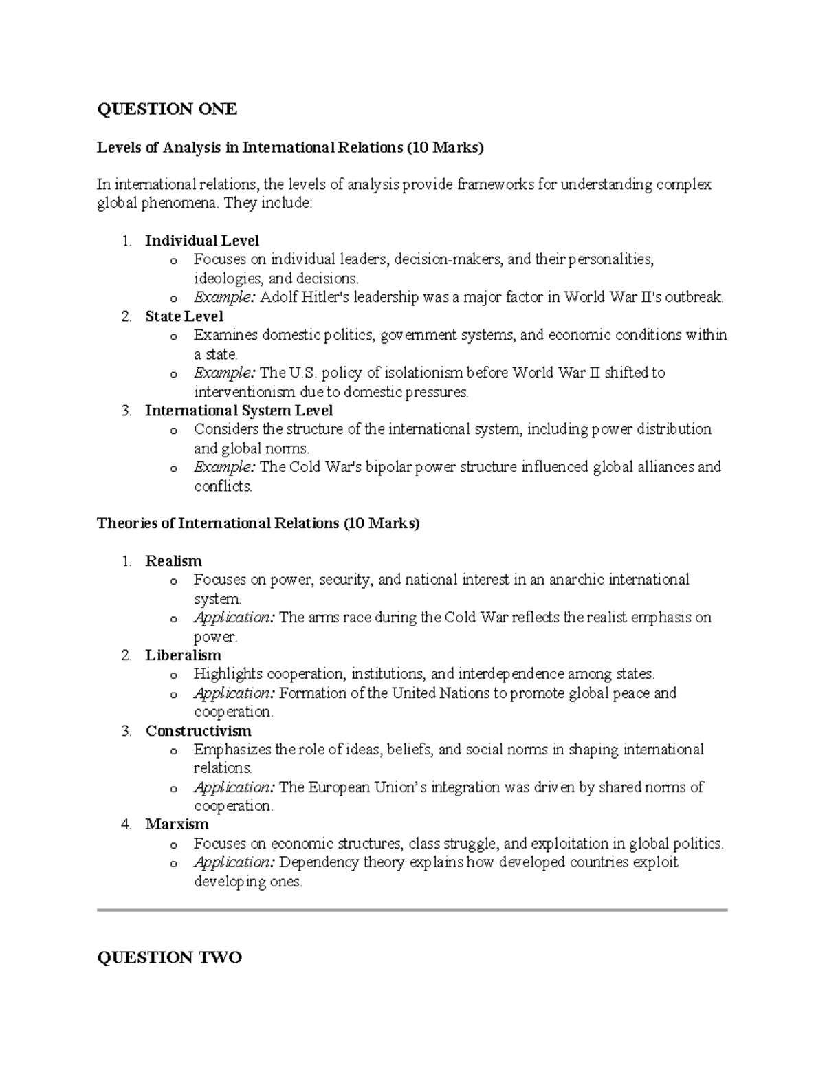 Ir - notes - QUESTION ONE Levels of Analysis in International Relations ...