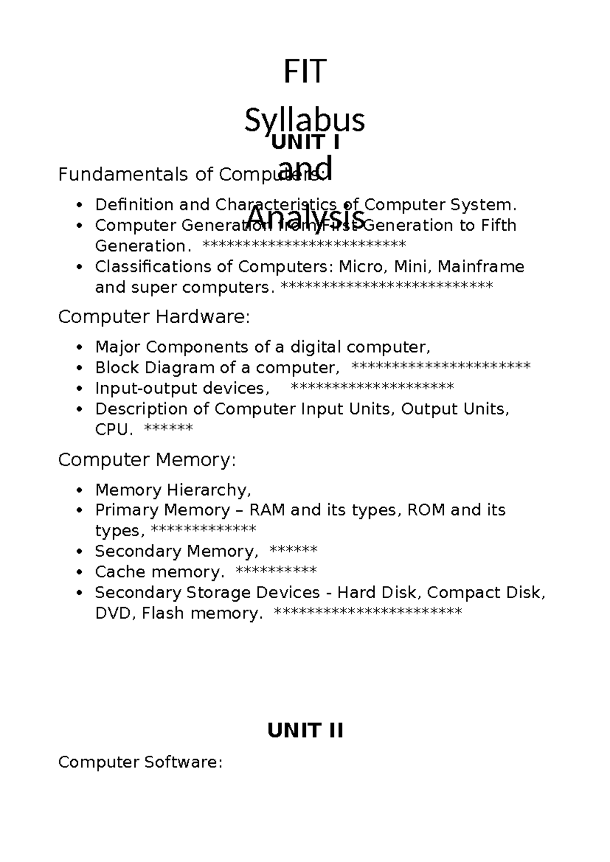 FIT Syllabus: Fundamentals of Computers and Software Overview - Studocu