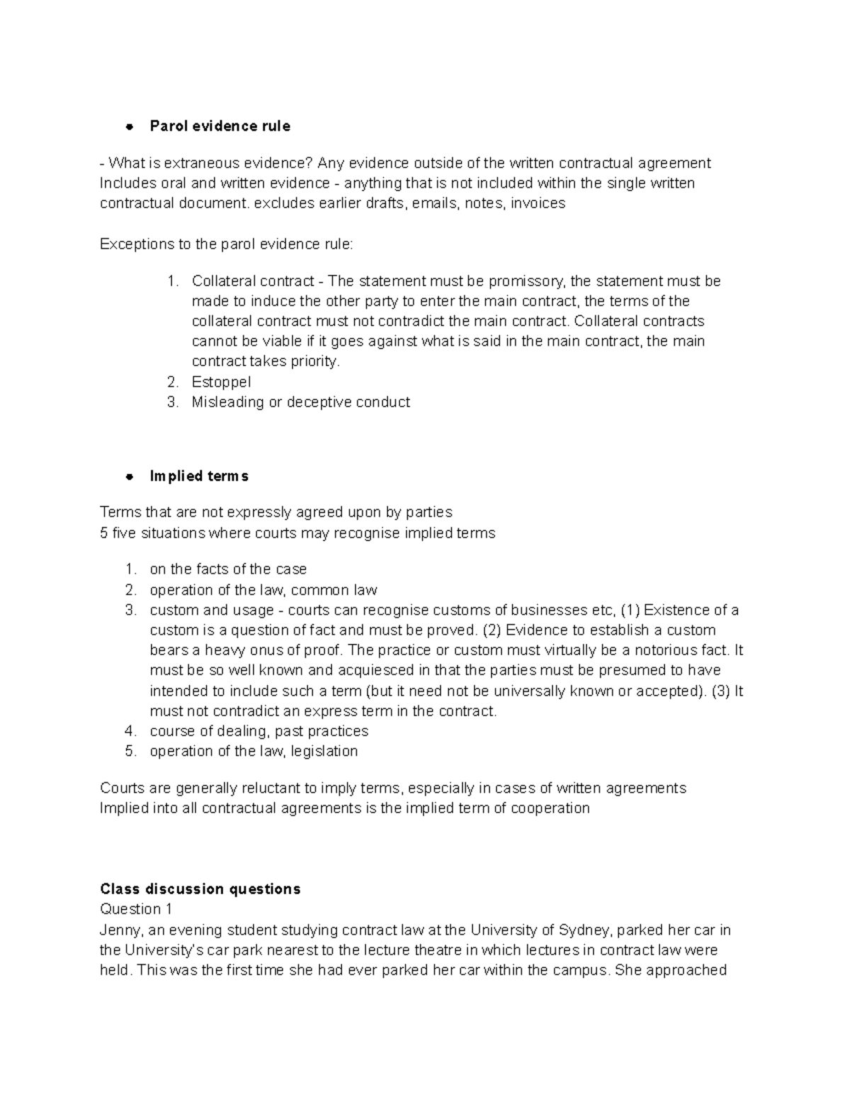 Contract Law Lecture Notes on Parol Evidence Rule and Implied Terms ...