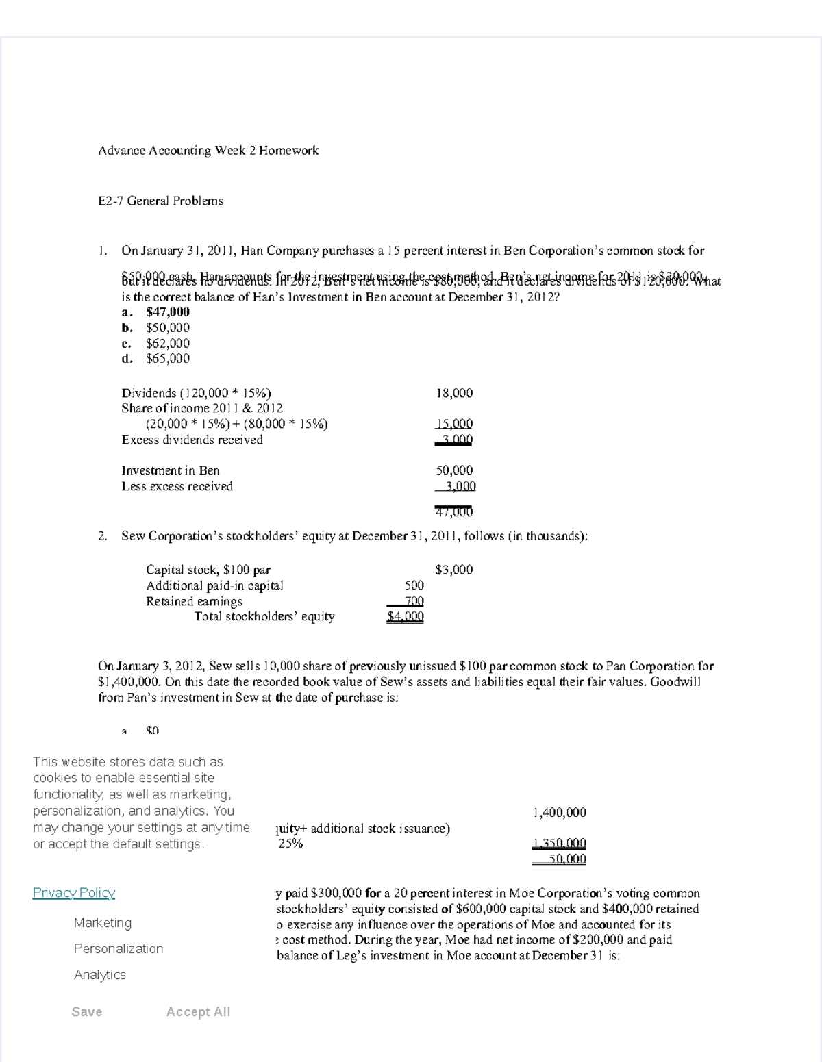 Advance Accounting (ACCT201): Week 2 Homework Solutions and Problems ...