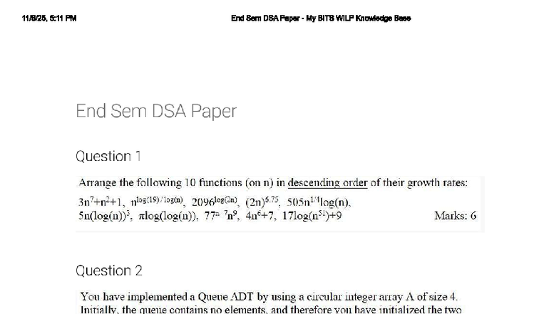 End Sem DSA Paper - My BITS WILP Knowledge Base - Studocu