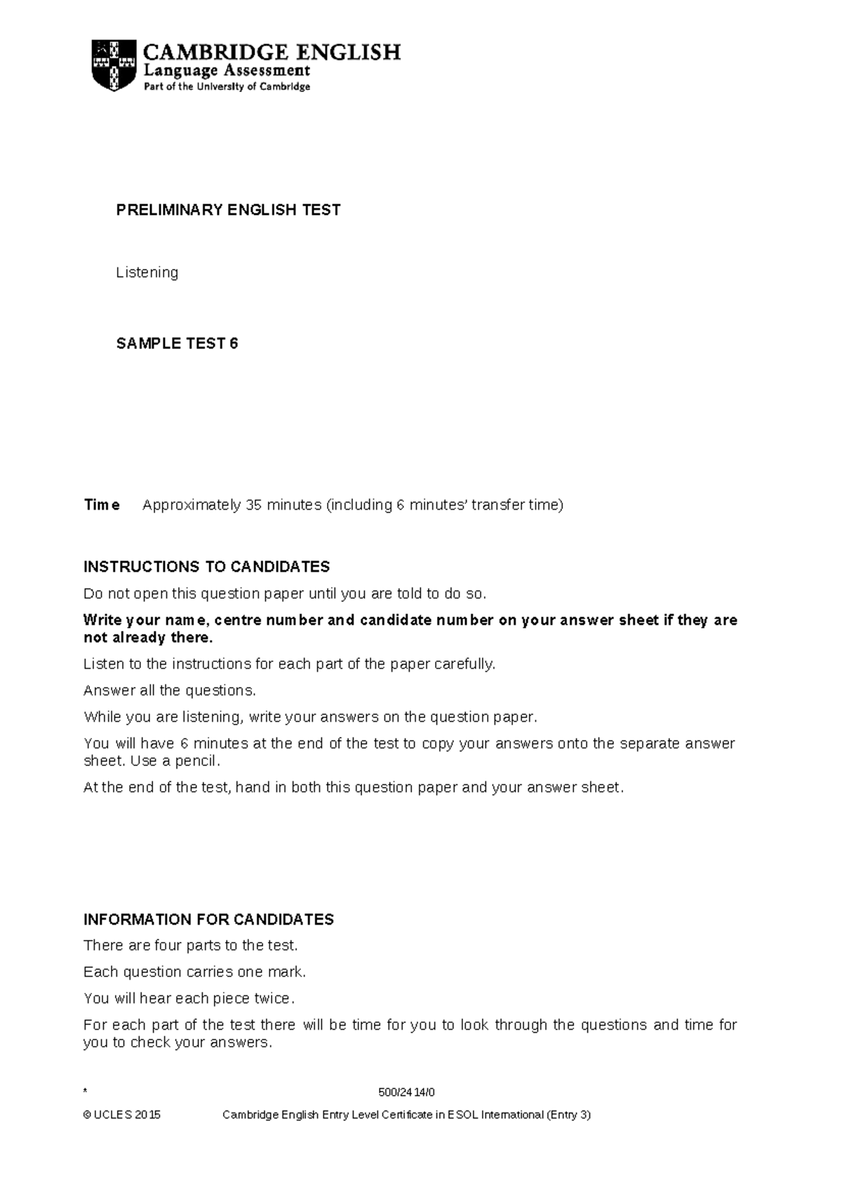Listening B1 Practice Test 6: Cambridge English ESOL Exam - Studocu