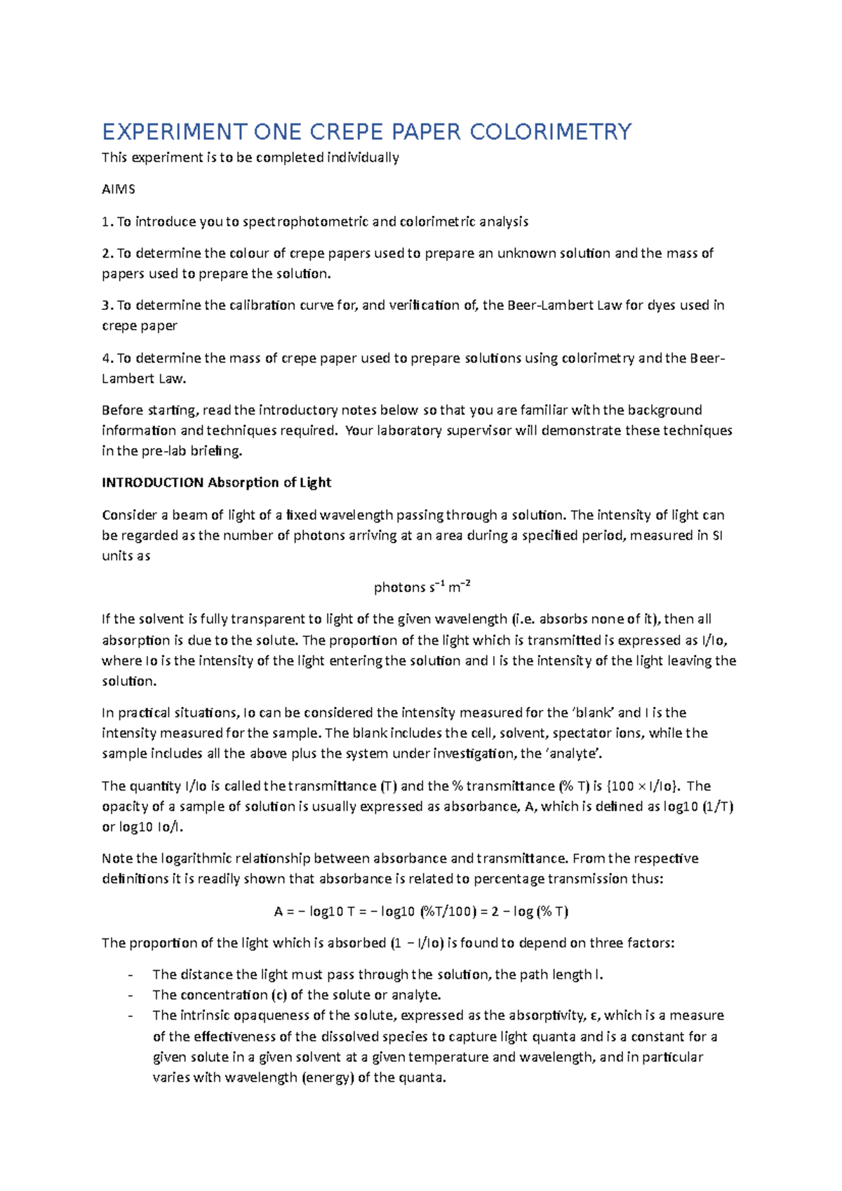 Experiment 1: Crepe Paper Colorimetry and Beer-Lambert Law Analysis ...