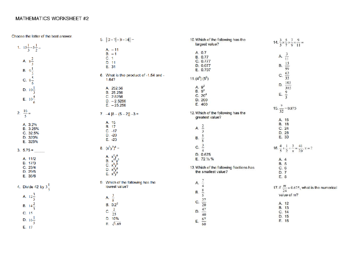 MATH 101 - Worksheet 2: Mathematics Diagnostics Exam - Studocu
