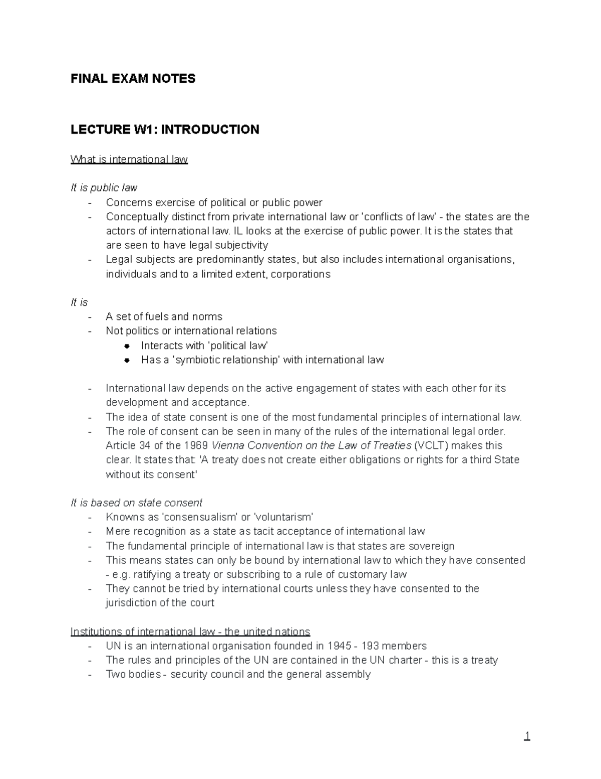 International Public Law exam notes - FINAL EXAM NOTES LECTURE W1 ...