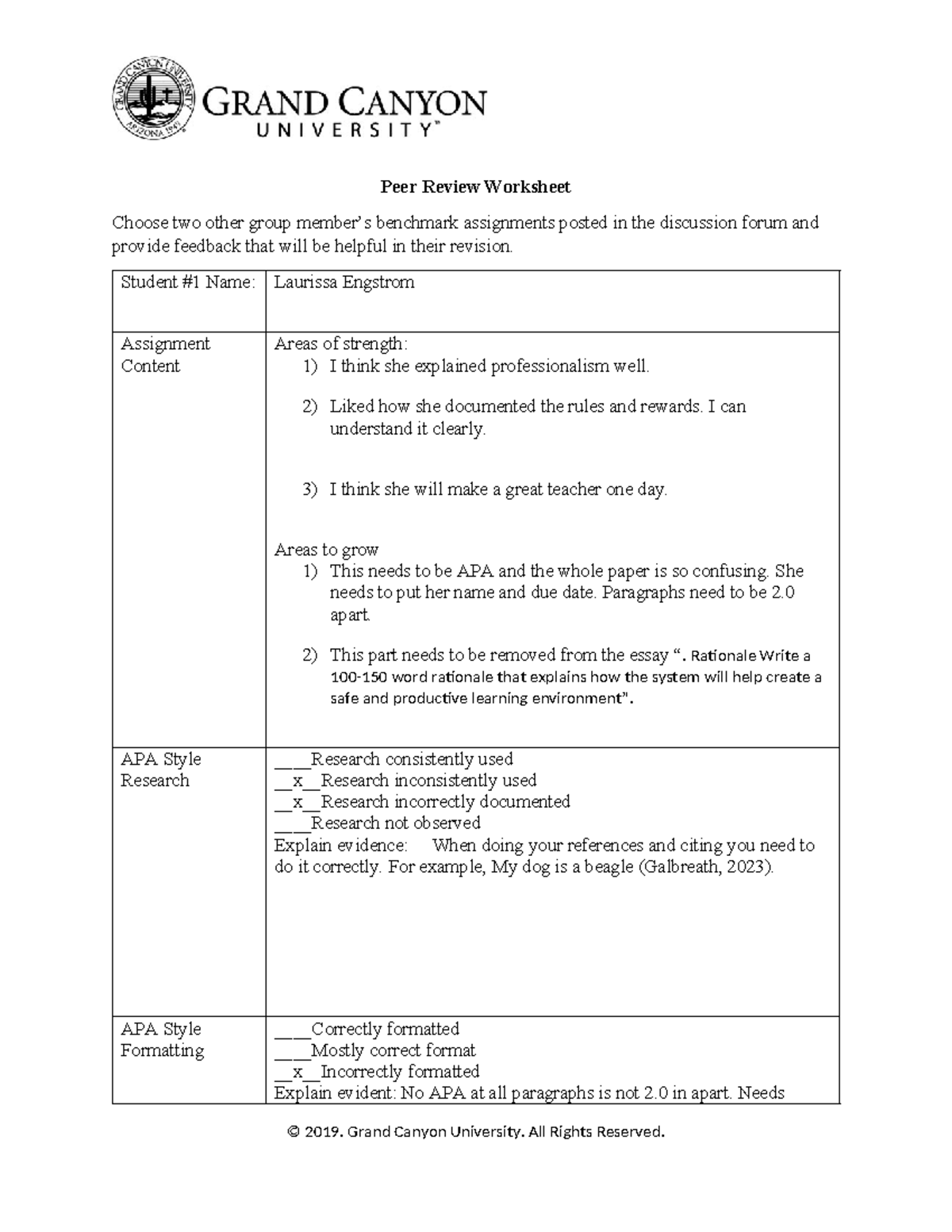 ELM-250 Peer Review Worksheet Laurissa - Peer Review Worksheet Choose ...
