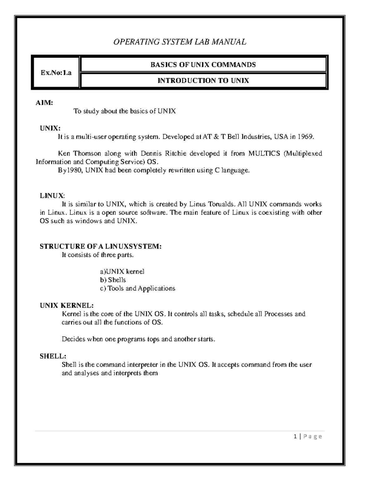 OS-LAB - this is os lab file - OPERATING SYSTEM LAB MANUAL Ex:1 BASICS ...