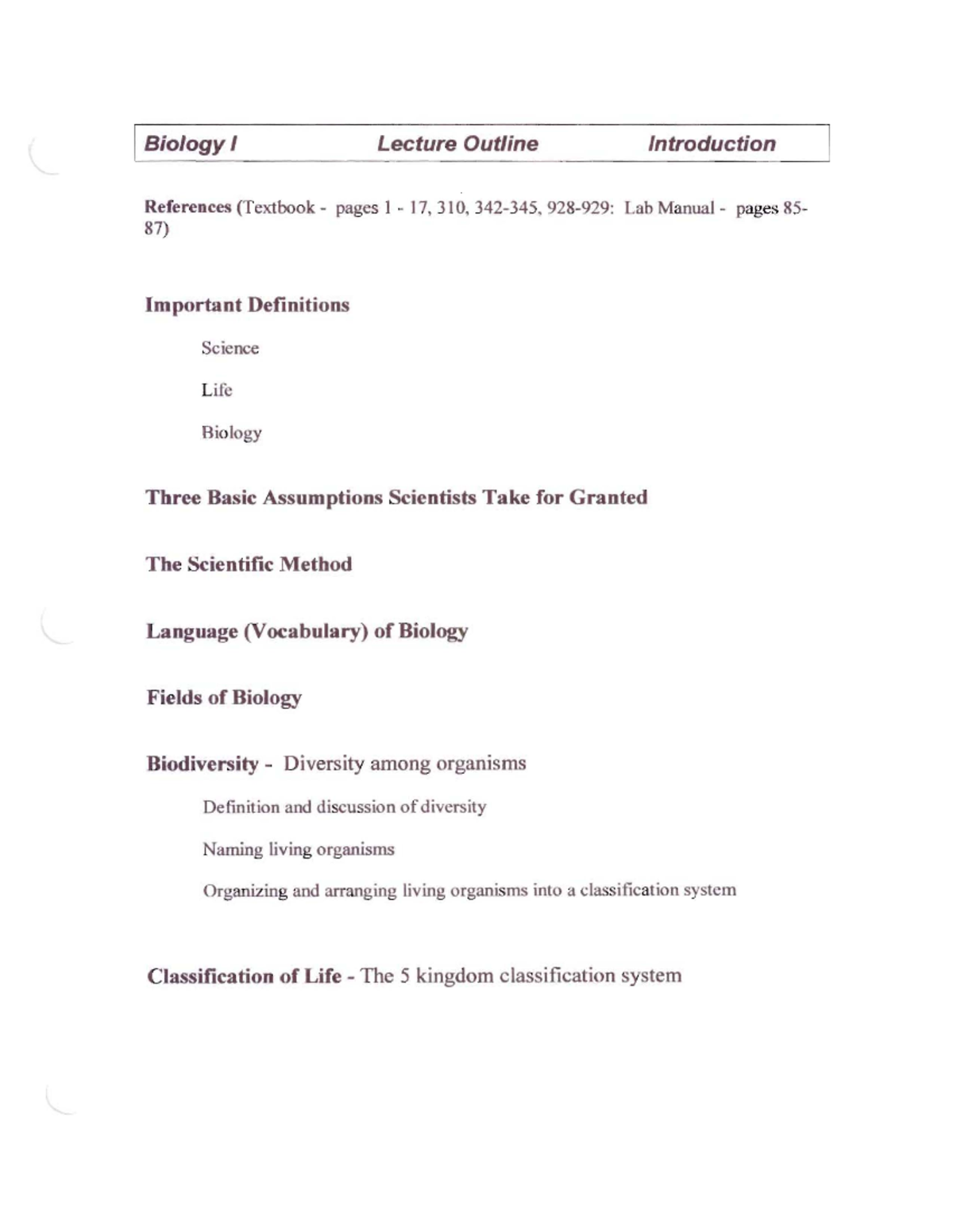 Biology I 01: Introductory Lecture Notes on Key Concepts and Methods ...