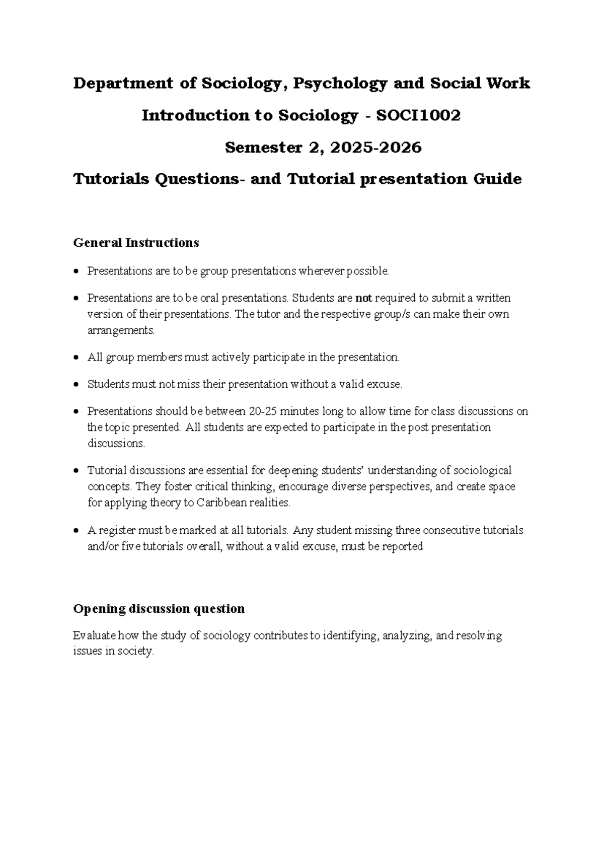 SOCI1002 Semester 2 Tutorial Presentation Guide and Questions - Studocu