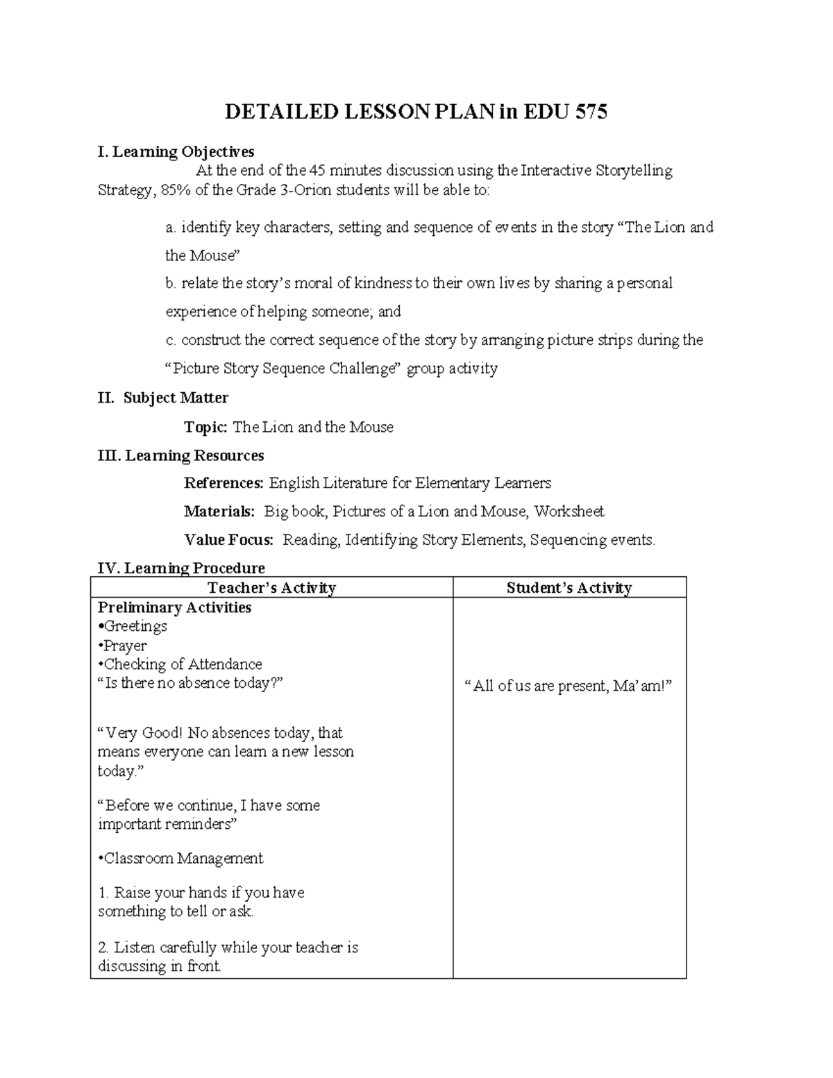 Detailed Lesson Plan for ENG 575: The Lion and the Mouse - Studocu