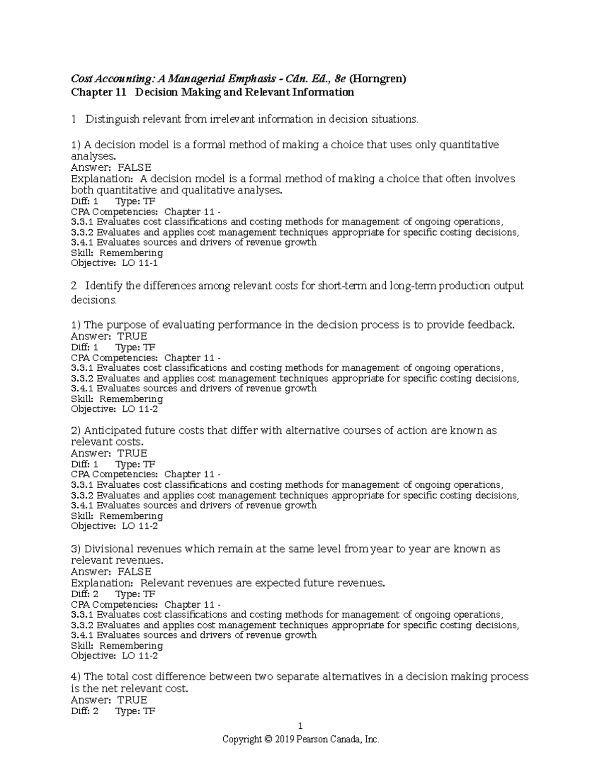 Chapter 11: Decision Making & Relevant Info in Cost Accounting (ACCT ...