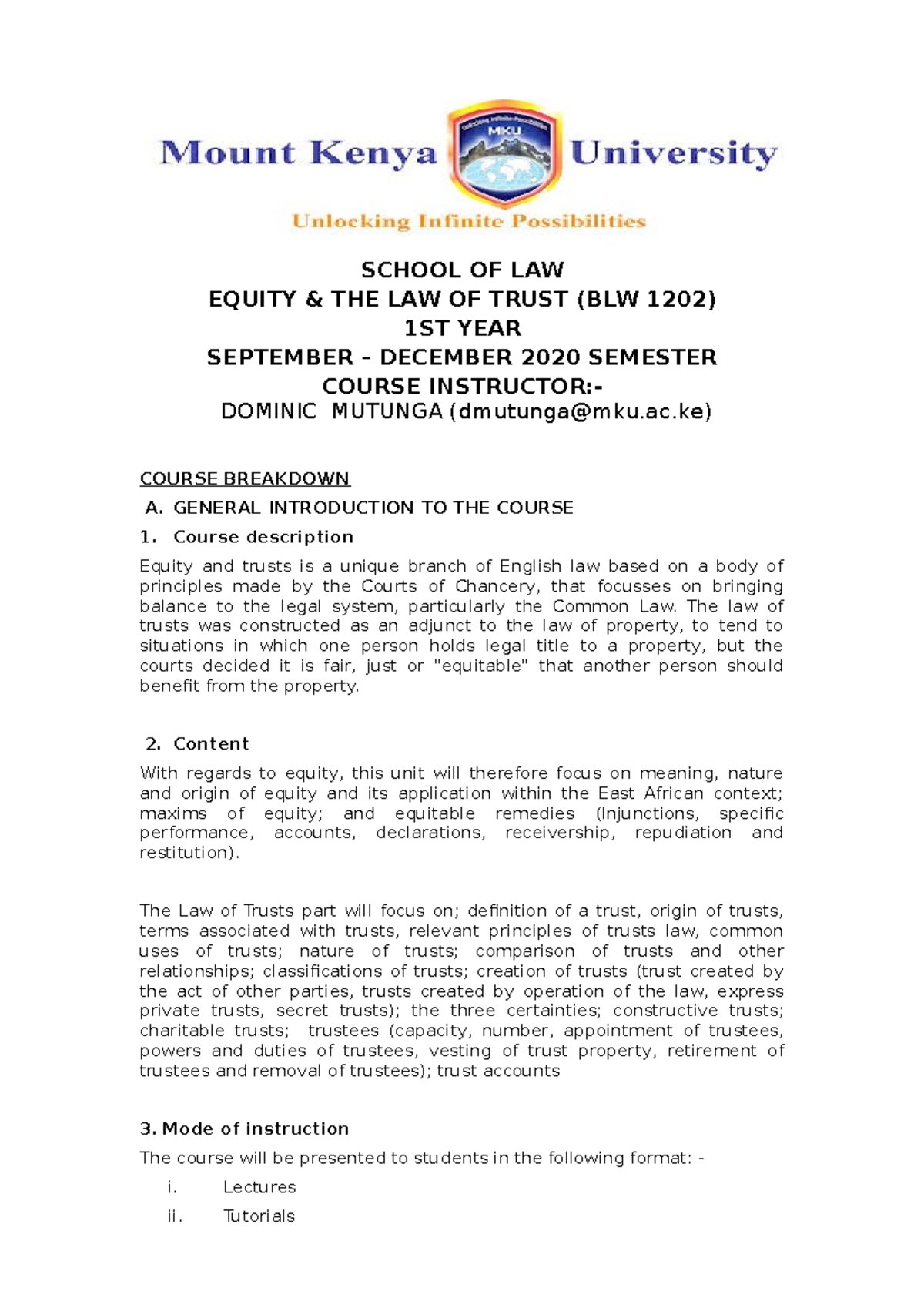 Equity And Law Of Trusts Course Outline 2020 - SCHOOL OF LAW EQUITY ...