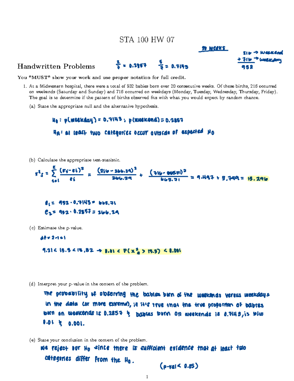 STA 100 HW 07: Statistical Hypothesis Testing Problems - Studocu