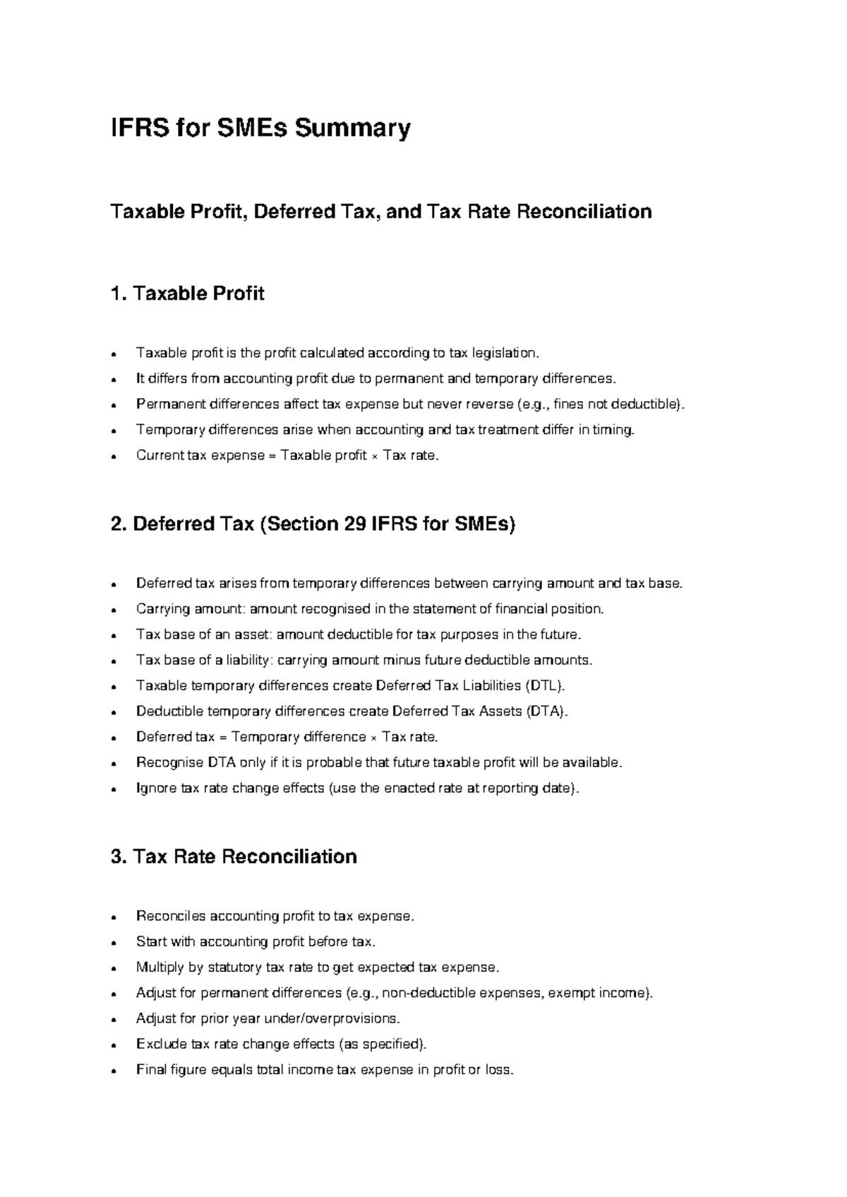 IFRS for SMEs Tax Summary: Profit, Deferred Tax & Rate Reconcil. - Studocu