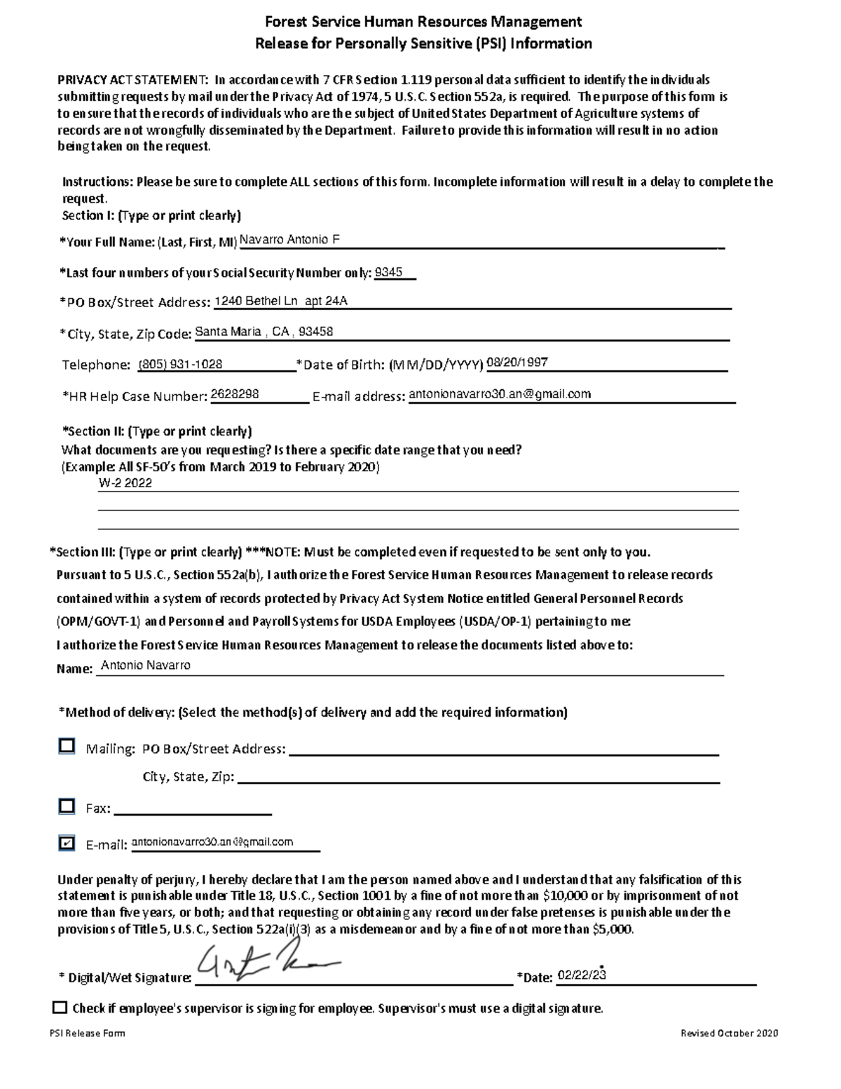 PSI Release Form - Forest Service HR Management Guidelines - Studocu