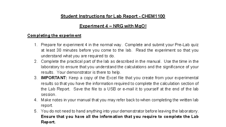 Lab Report Instructions for CHEM1100 Experiment 4: NRG with MgO - Studocu