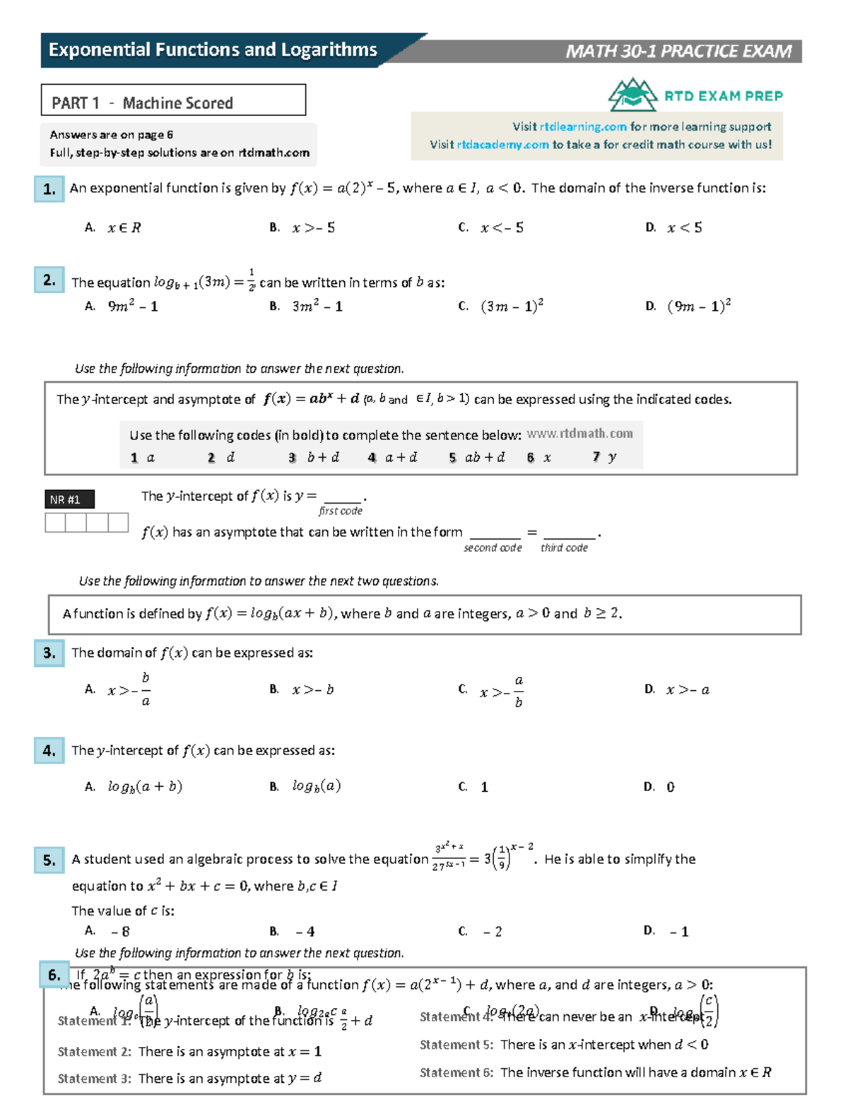 Exponential Functions & Logarithms MATH PRACTICE EXAM PART 1 - Studocu