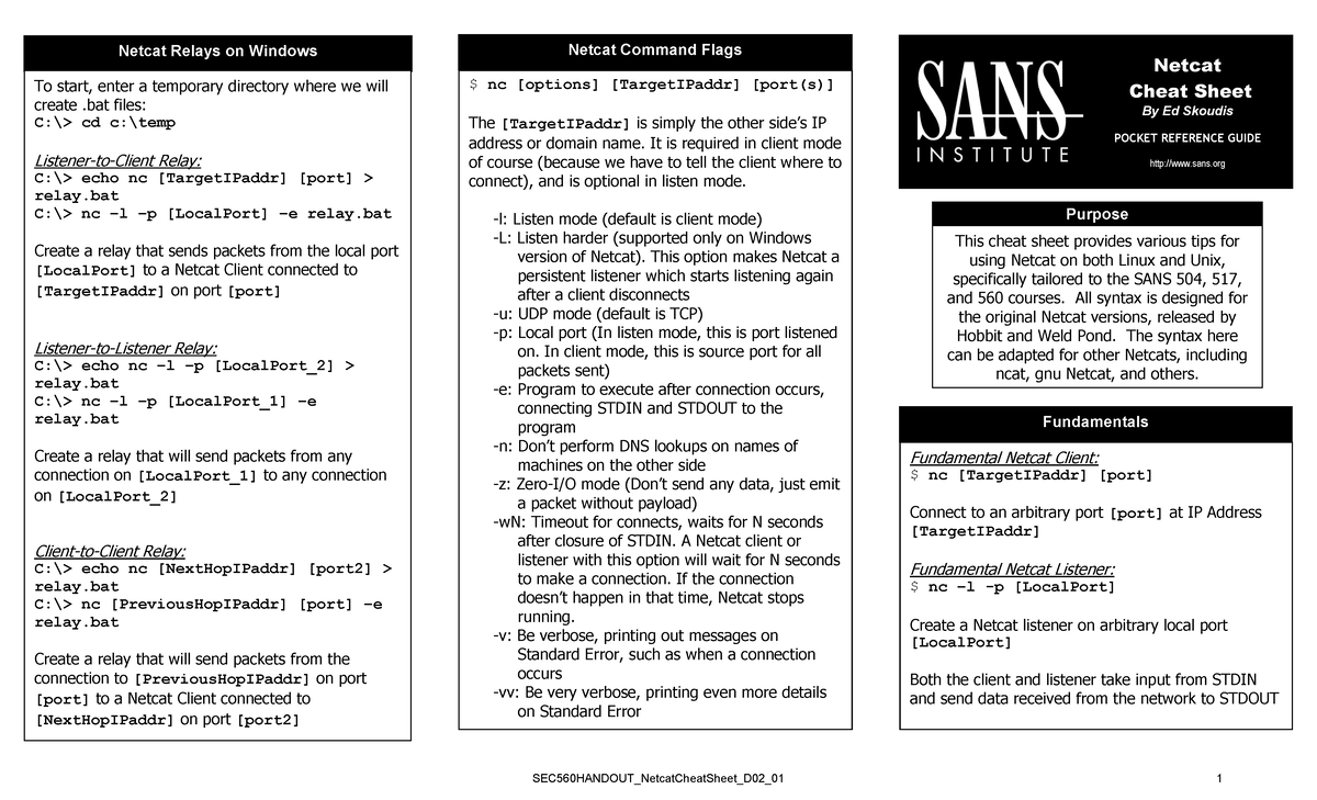 SEC560 Netcat Cheat Sheet: Command Flags & Relays Guide - Studocu