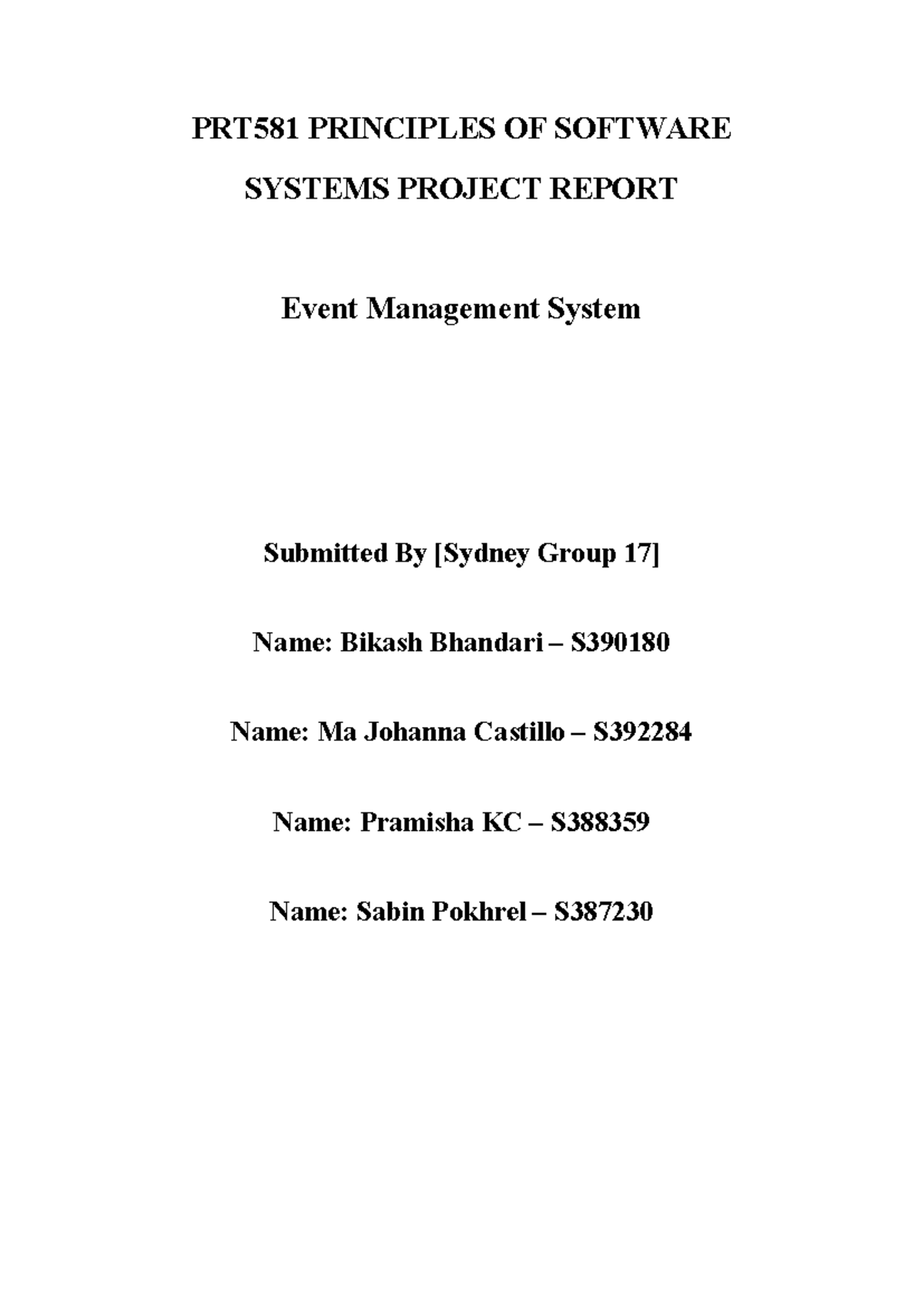 PRT581 Event Management System Project Report - Group Submission - Studocu