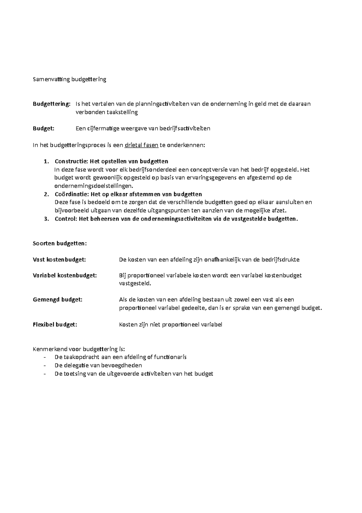 Samenvatting budgettering en masterbudget HST 11 en HST 12 - Studeersnel