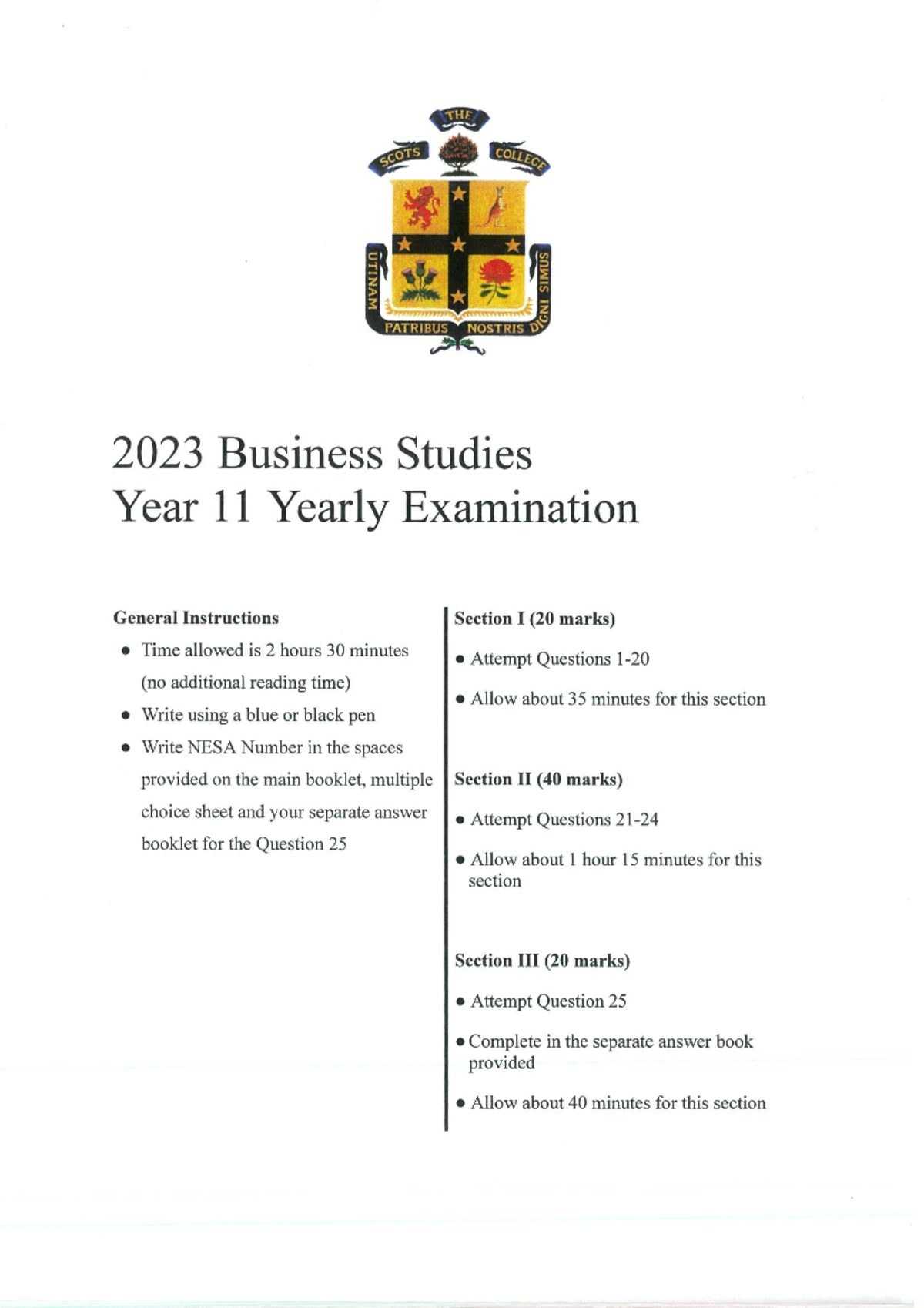 Yr 11 Business Studies 2023 Yearly Exam Instructions & Questions - Studocu