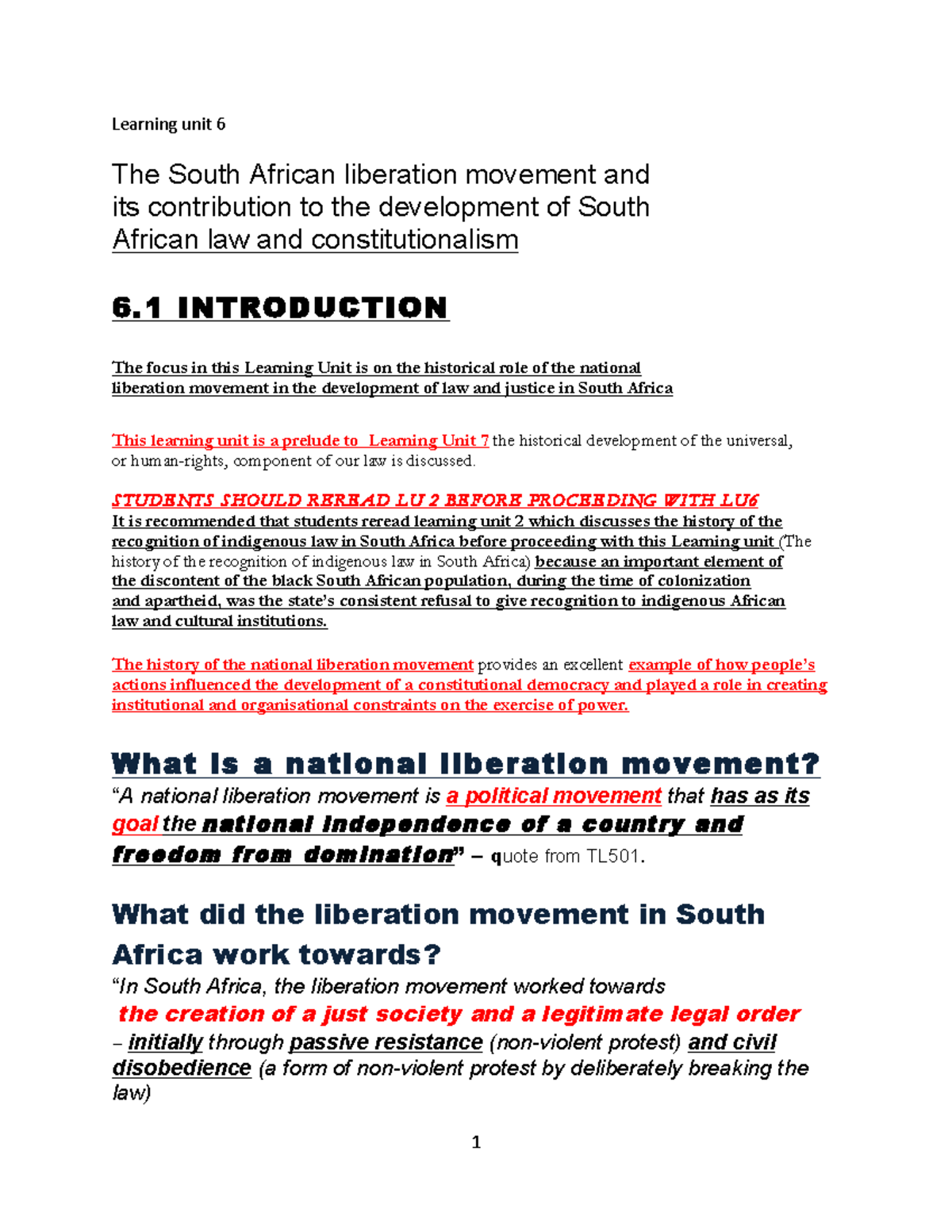 TL501: Summary of Learning Unit 6 - The South African Liberation ...