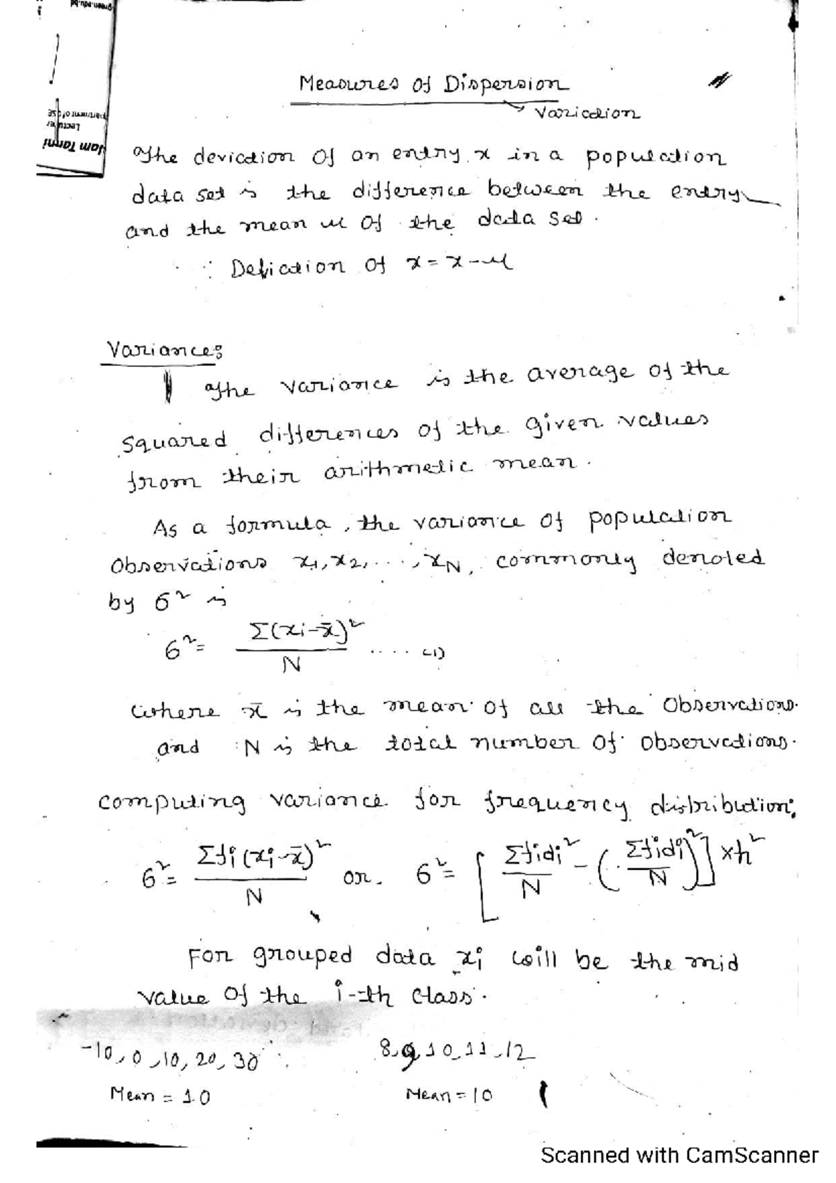 Measures of Dispersion: Variance and Standard Deviation Lecture Notes ...