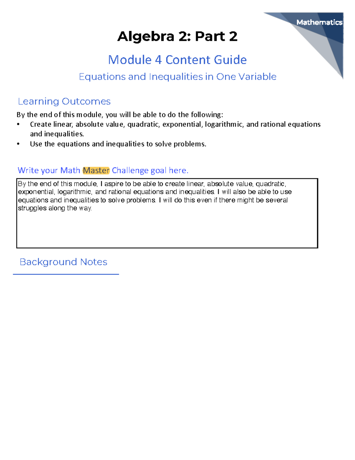 M04 Alg57 Content Guide - Module 4 Content Guide Equations and ...