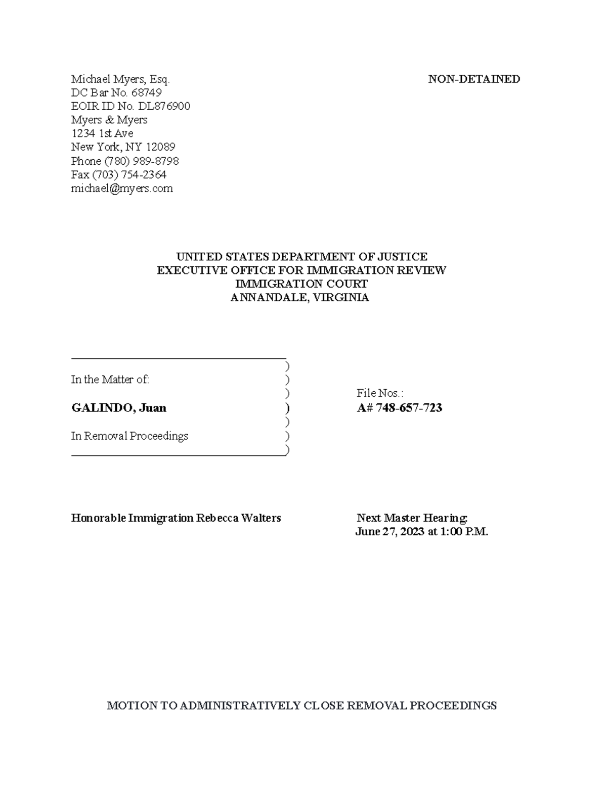 Sample Motion to Administratively Close Exercise - Michael Myers, Esq ...