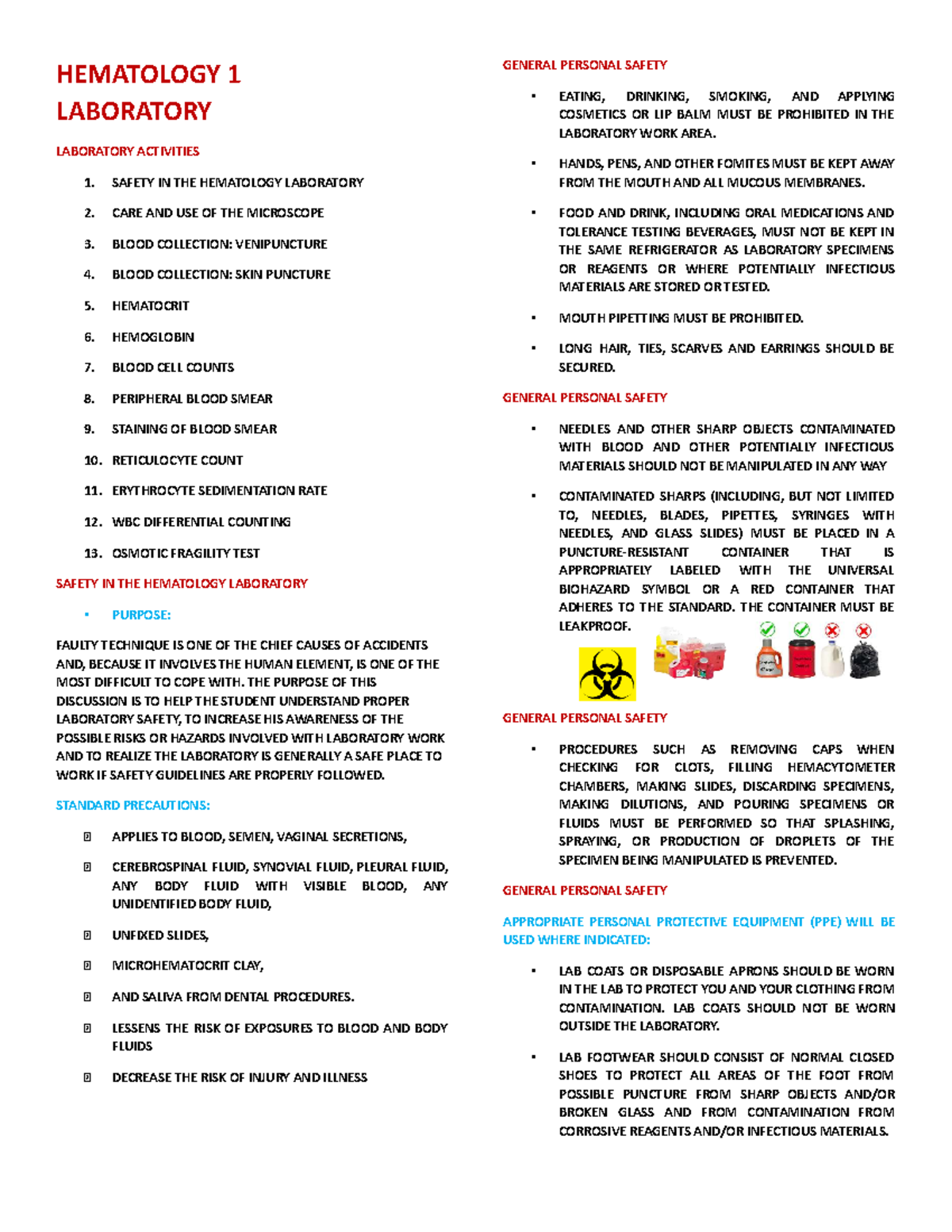 Hematology 1: Laboratory Safety Guidelines and Best Practices - Studocu