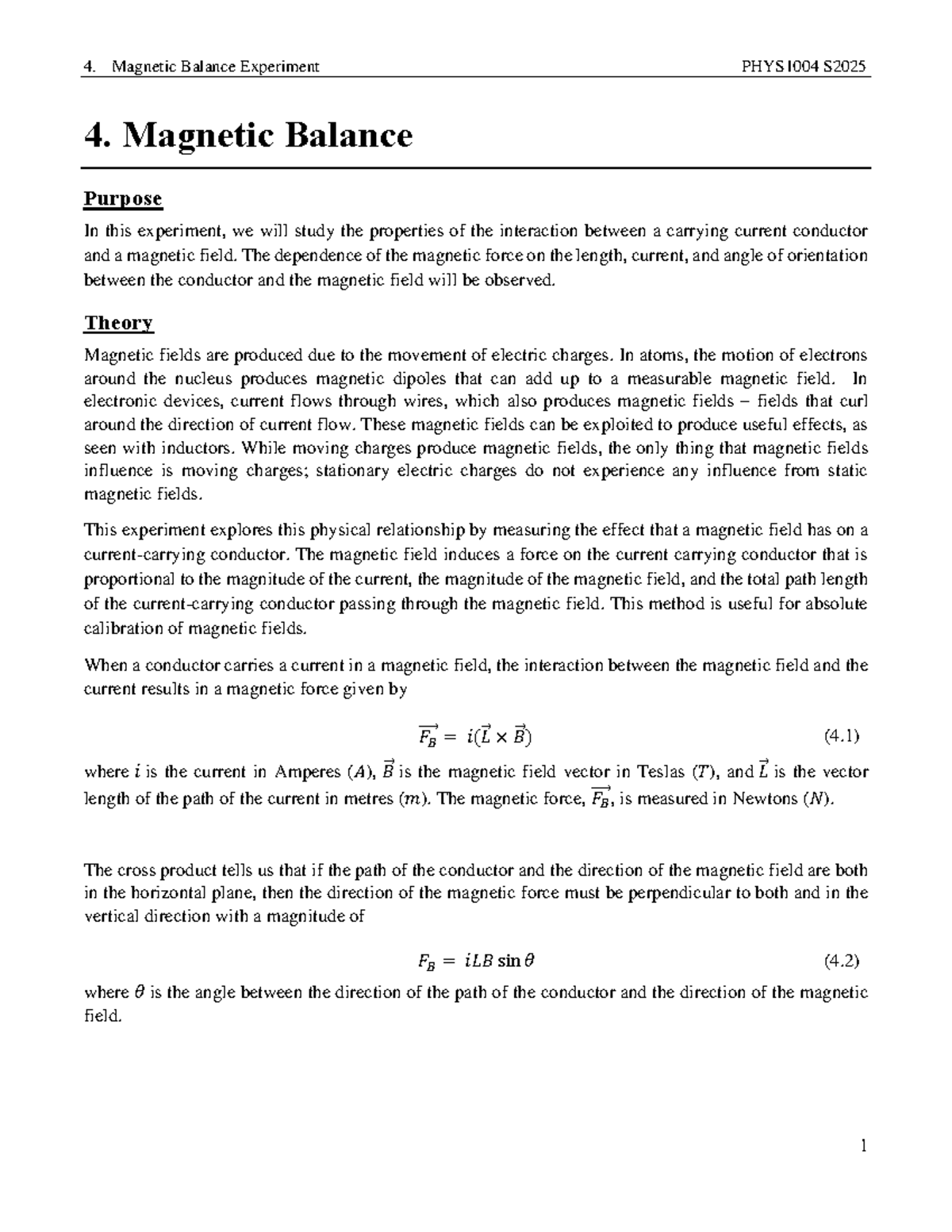 Magnetic Balance Experiment Manual PHYS1004 S2025 - Studocu
