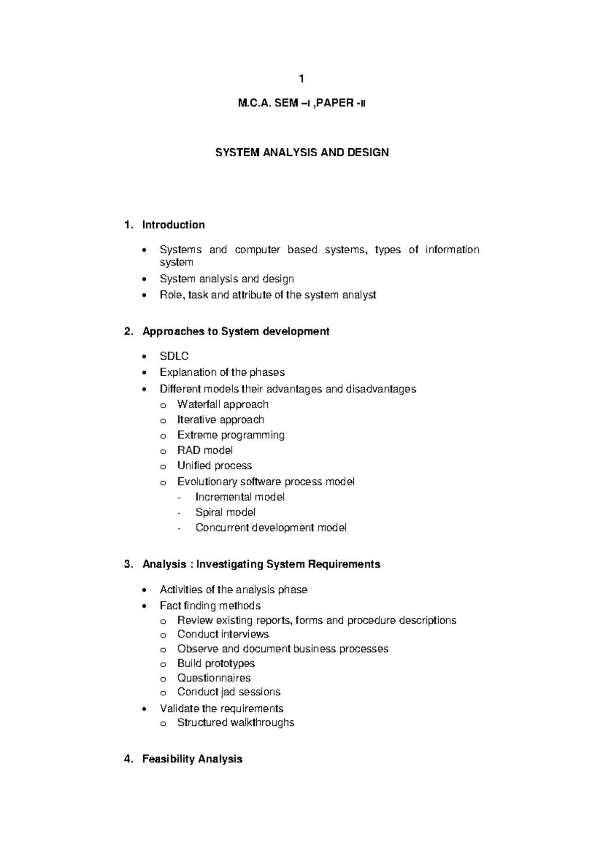 M.C.A. SEM-I, PAPER-II: Comprehensive Notes on System Analysis & Design ...