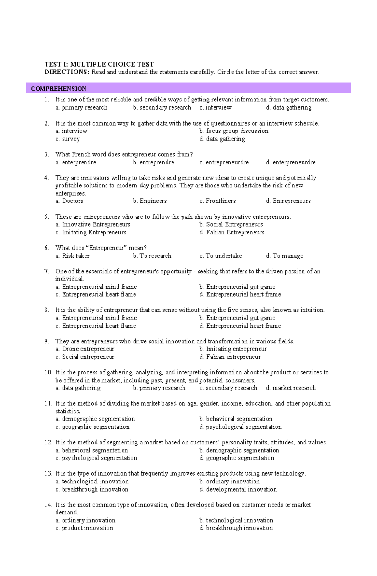 TEST I: MULTIPLE CHOICE ASSESSMENT IN ENTREPRENEURSHIP - Studocu