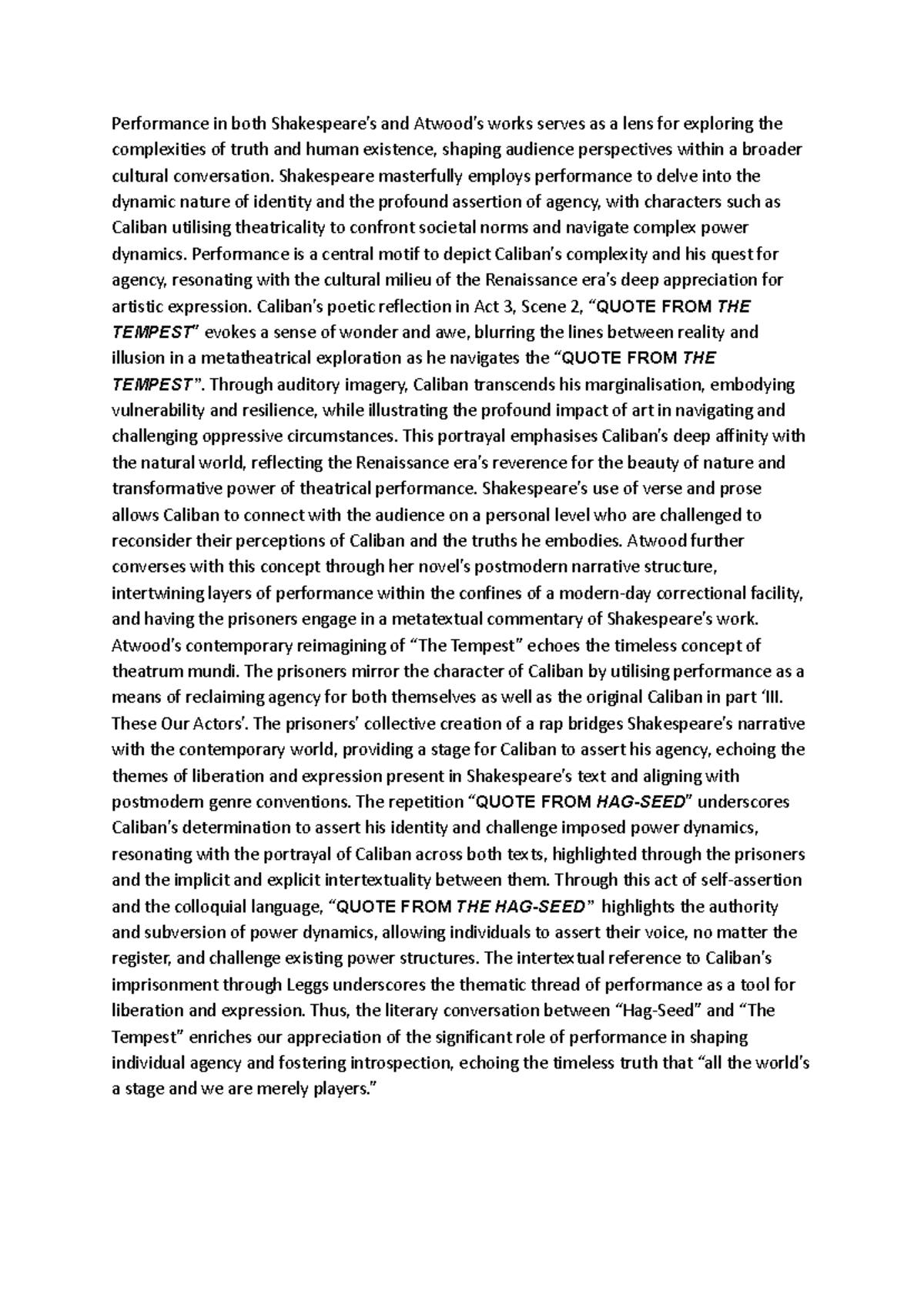 Copy of Sample Performance Paragraph - Performance in both Shakespeare ...