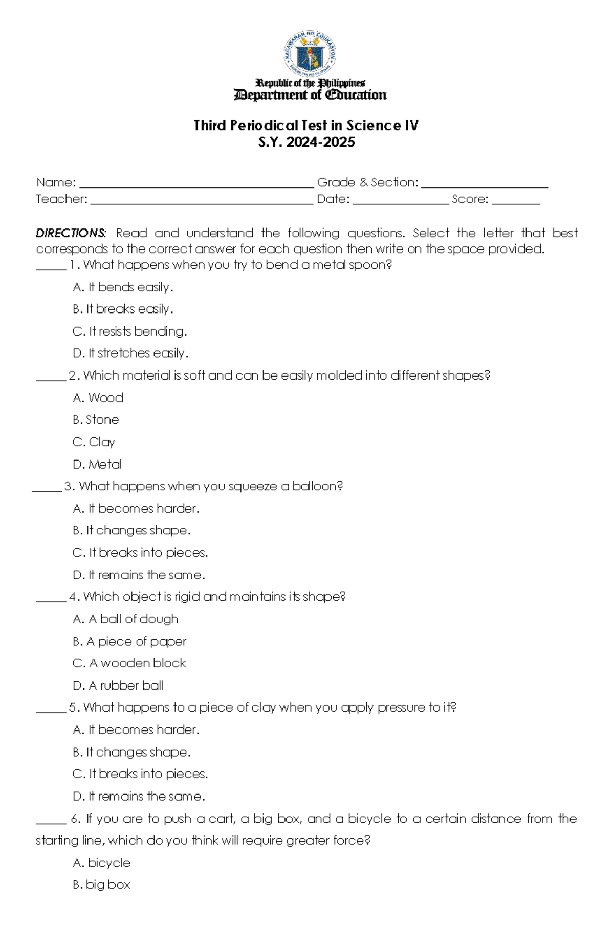 Third Periodical TEST IN Science 4 SY 24 25 - Third Periodical Test in ...