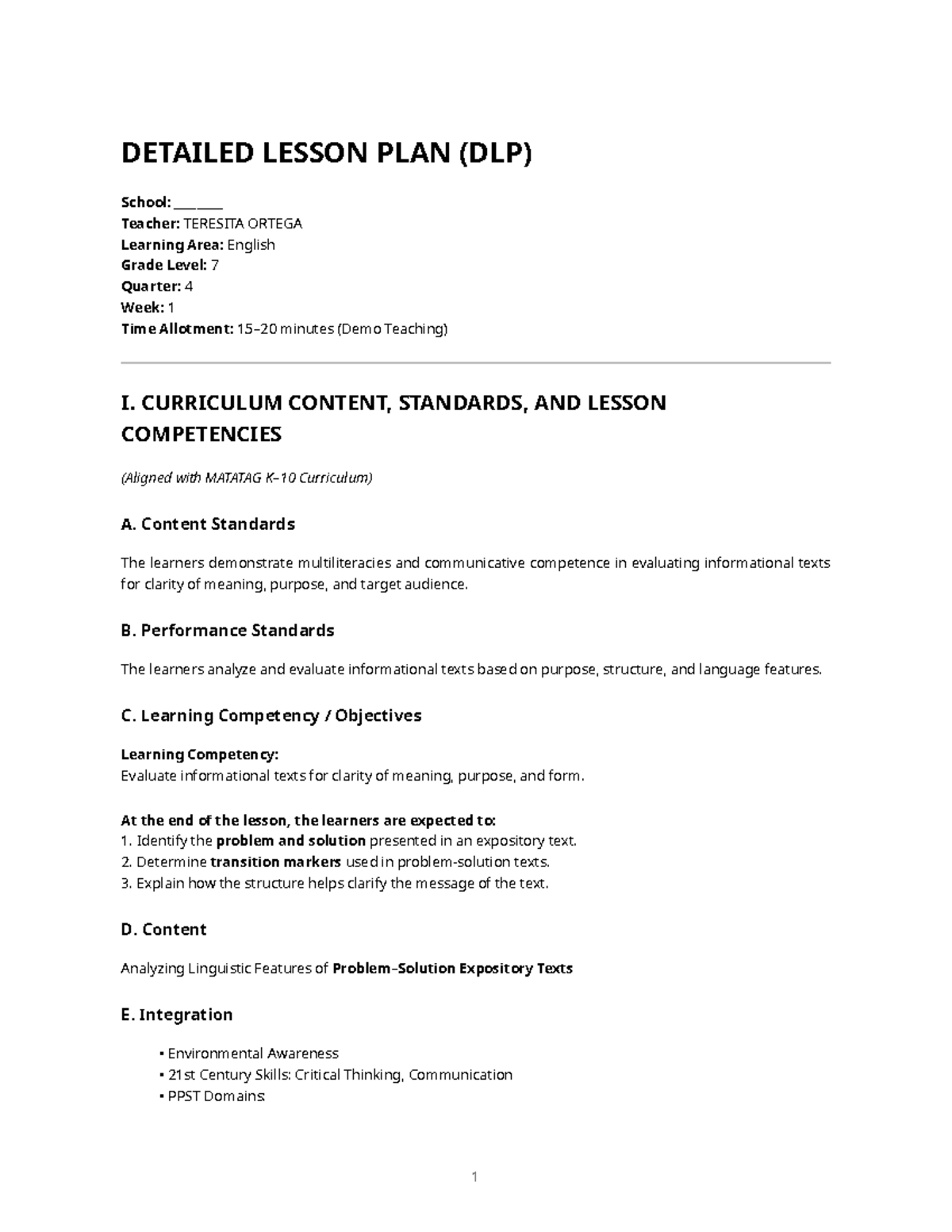 Aligned Demo Lesson Plan – English 7 DLP Q4 Week 1 - Studocu