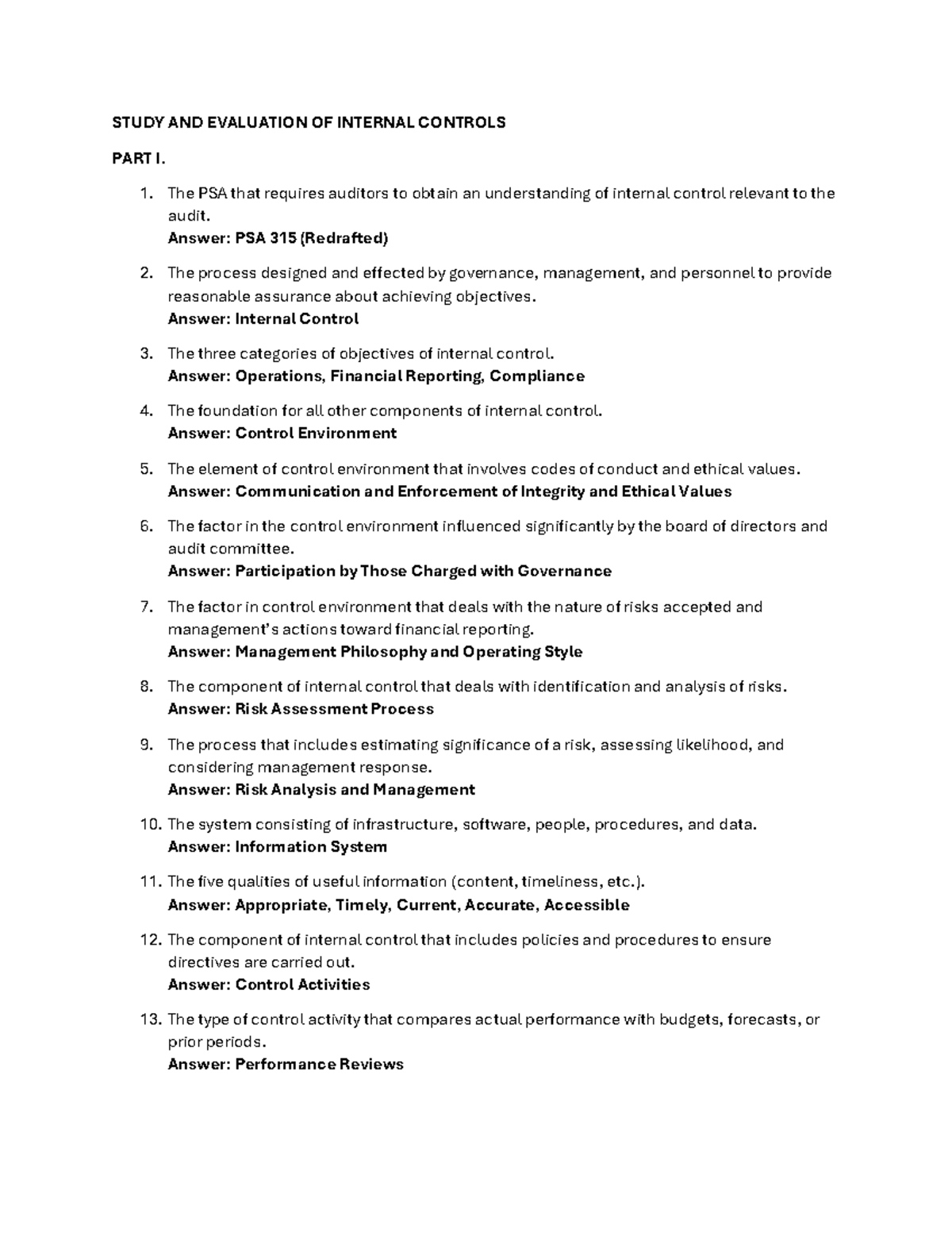C9 Auditing: Study & Evaluation of Internal Controls - Part I - Studocu
