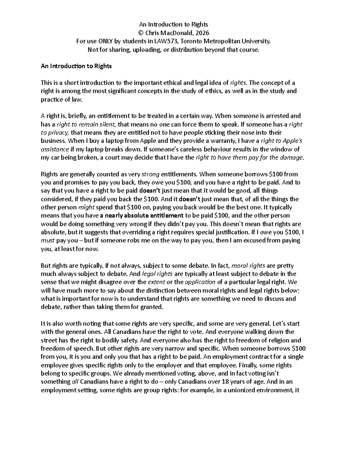 Introduction to Rights (LAW573) - Ethical and Legal Perspectives - Studocu