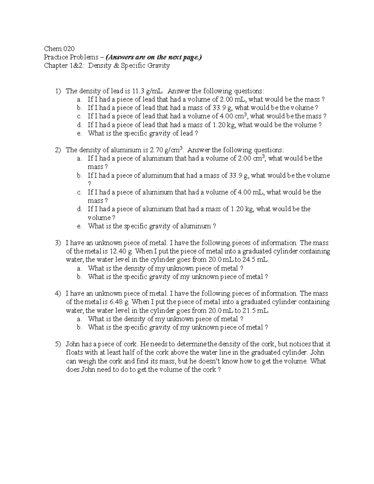 Chem 020 Final Practice Problems: Density & Specific Gravity - Studocu