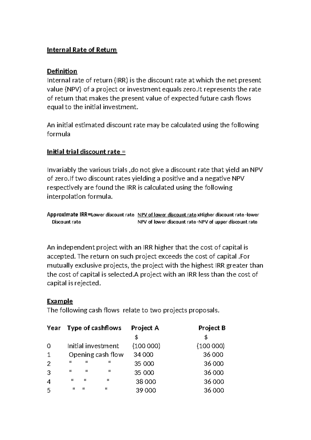 Internal Rate of Return Analysis for Projects A & B (FIN 101) - Studocu