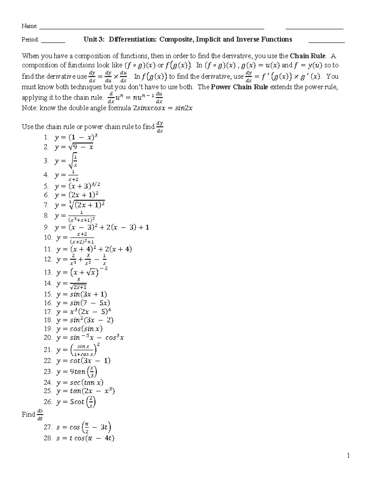 AP Calculus BC Unit 3: Composite, Implicit & Inverse Functions Practice ...